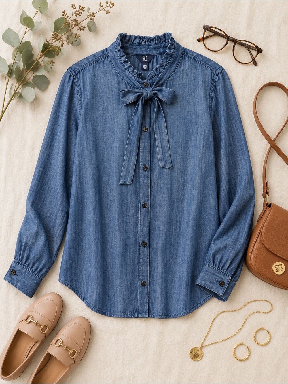 GAP Blue Chambray Tie-Neck Button-Down Blouse Size Medium